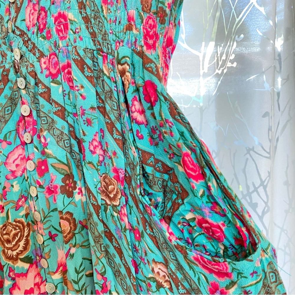 SPELL AND THE GYPSEY PINK TURQUOISE FLORAL PRINT BUTTON UP BABUSHKA GOWN DRESS - Picture 9 of 13